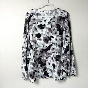 Denim & Co Blouse Size XL Black White Floral Long Sleeve Cinched Waist Tunic Top